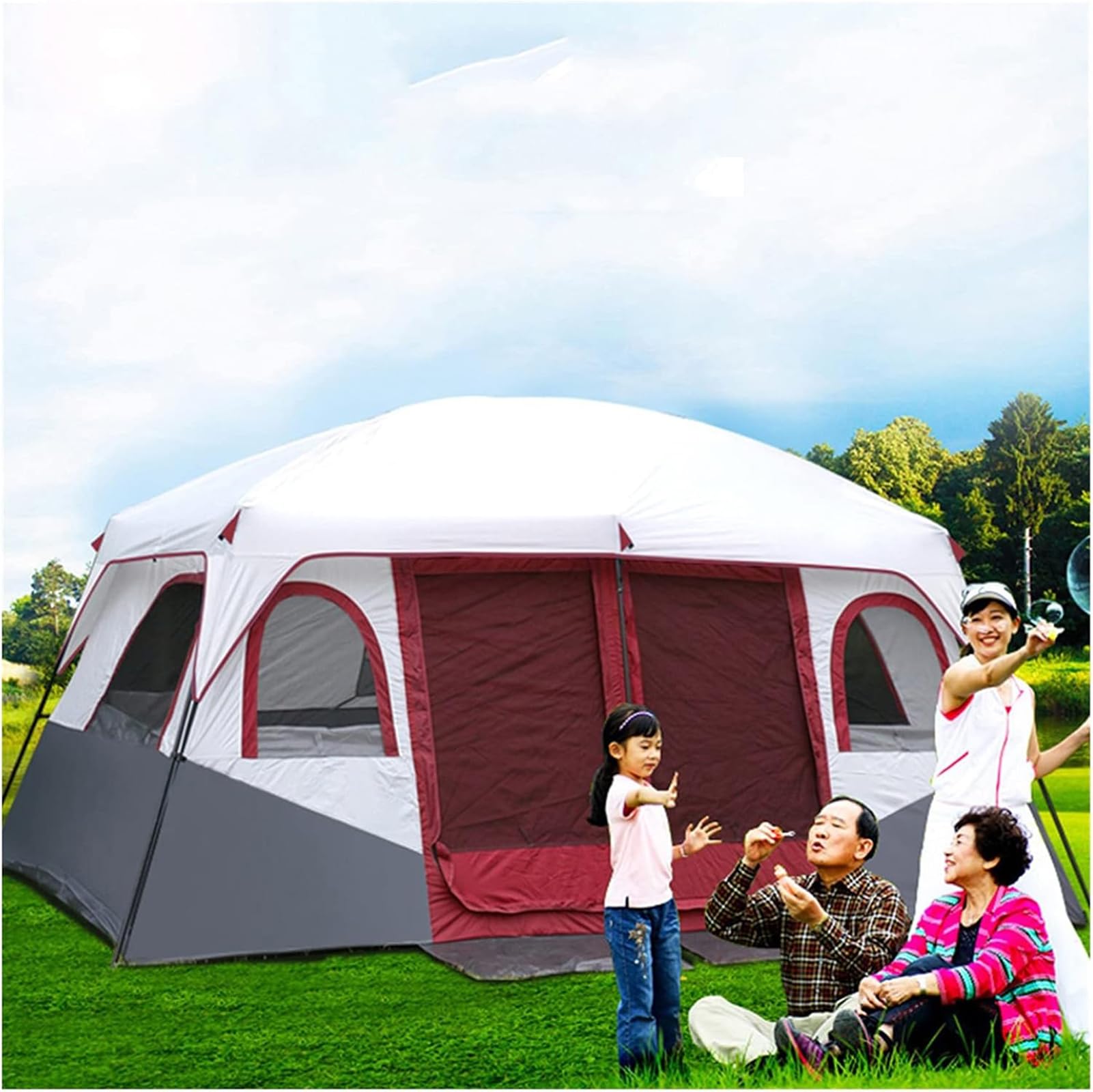 FMBLDM Zelte für Outdoor Camping Mit Zwei Räumen und Einem Wohnraum Kapazität für 8-15 Personen Großes Zelt für Mehrere Personen Wasserdicht Winddicht UV Geschützt Burgundy,8-15 People Sport & Freizeit
