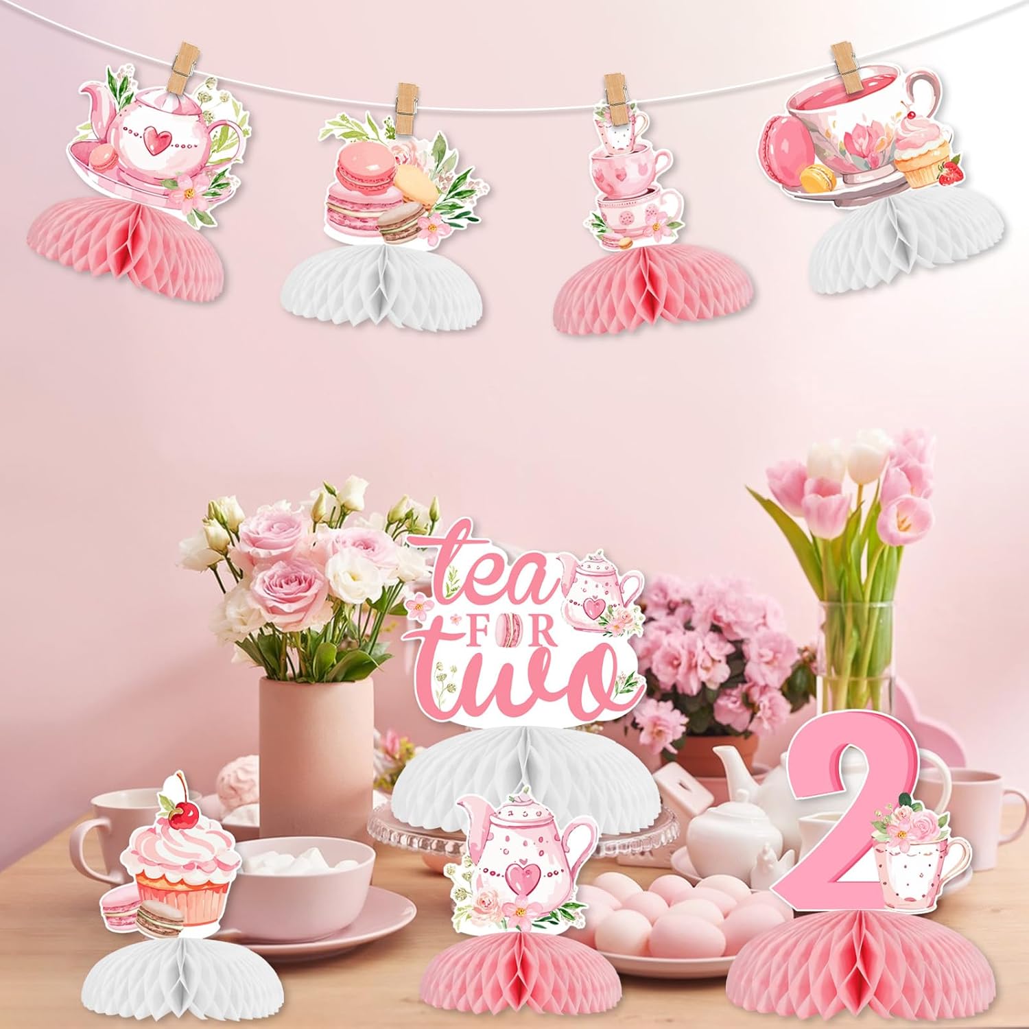 8pcs Tea for Two Birthday Honeycomb Centerpieces Pink Floral Teapot Theme Birthday Party Decorations Tea for Two Bday Table Decoration for Teapot Second Bday Supplies