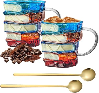 Hocklliy 2 PCS Painted Book Mug Novelty 3D Glass Book Cup with 2 Spoons Table Decor Collection Gifts for Readers Writers Librarians and Literature Enthusiasts Lovers