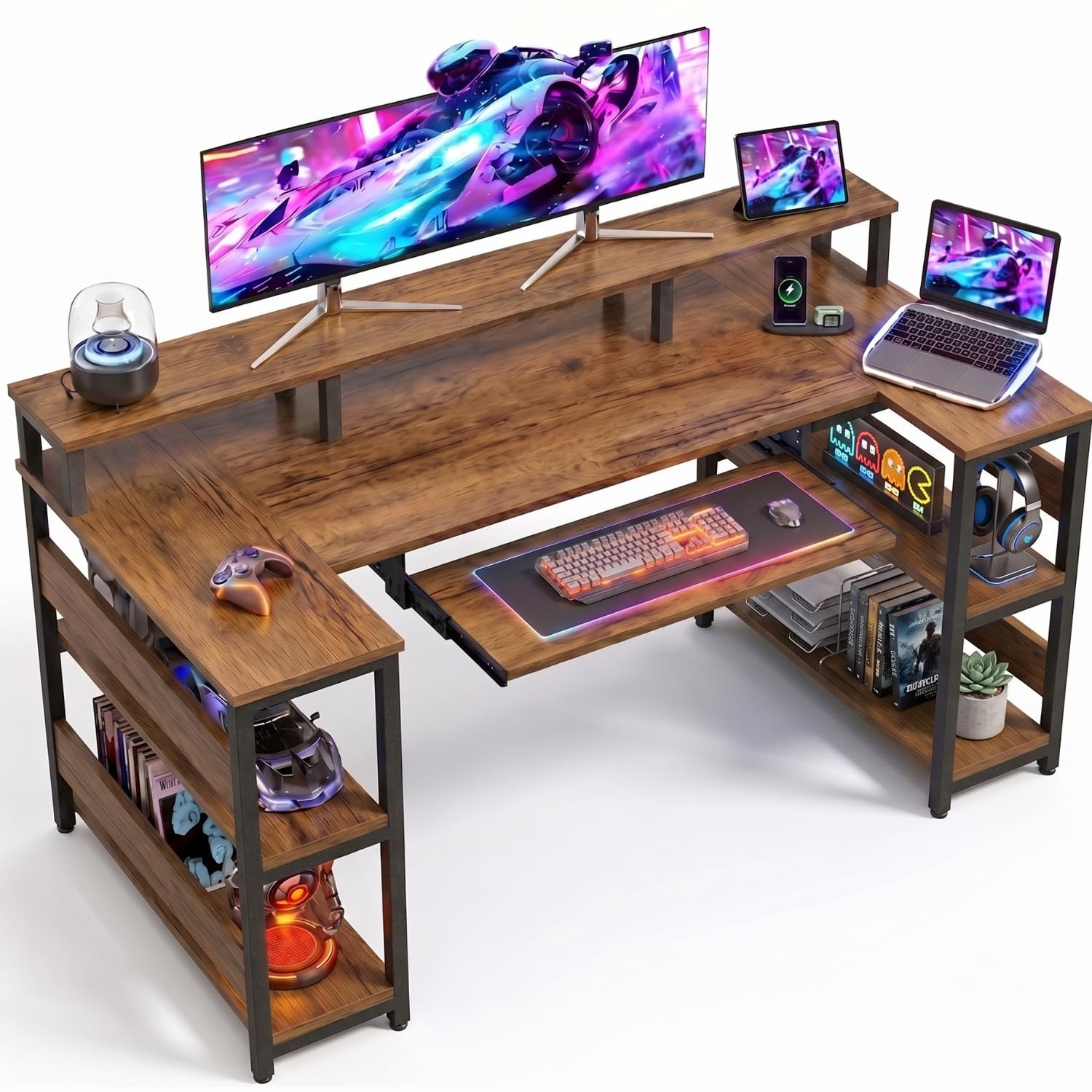 deskio gamz desk, computer table for home pc, office table for home, gaming worktable | with book shelf + monitor riser, forest wood, metal (170 cm x 60 cm x 75 cm) | diy
