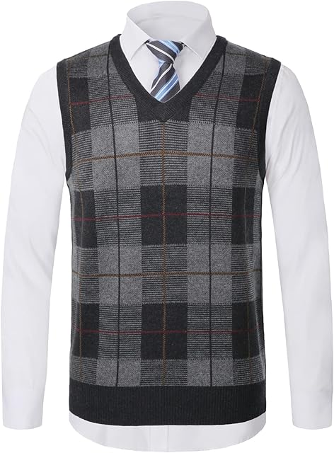 Btmpmcs Mens Knitted Sleeveless Sweater Vest Casual V-Neck Slipover Classic Business Knitwear Gilet Checkered Patterns Jumpers Smart Suit Pullover