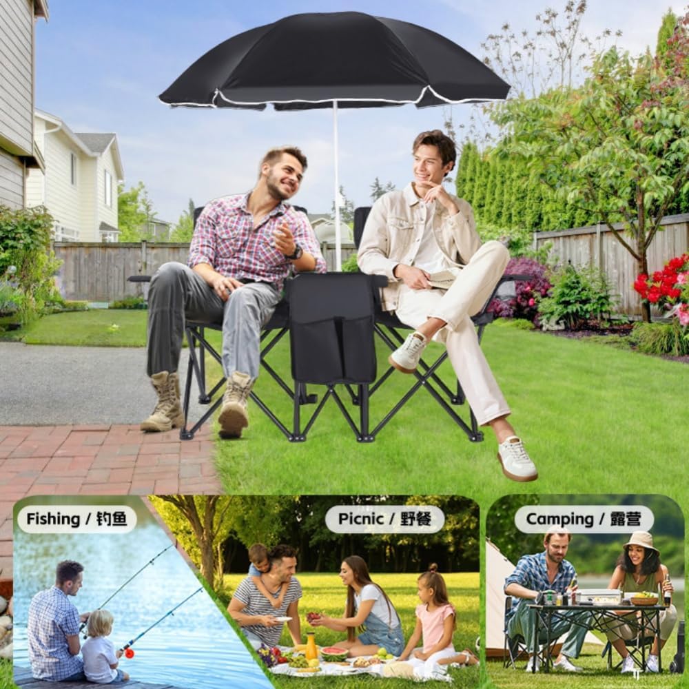 Fokeアウトドアチェア 折りたたみ キャンプチェア ダブルキャンプチェア 椅子 イス アームチェア 2人用 パラソル 傘付き クー