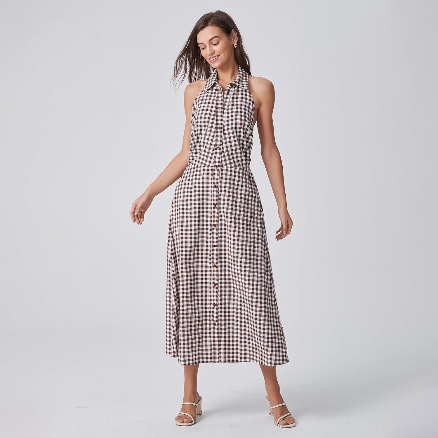 Women's Plaid Midi Dress Sleeveless Casual A Line Open Back Spring Fall Long Dress - Image 6