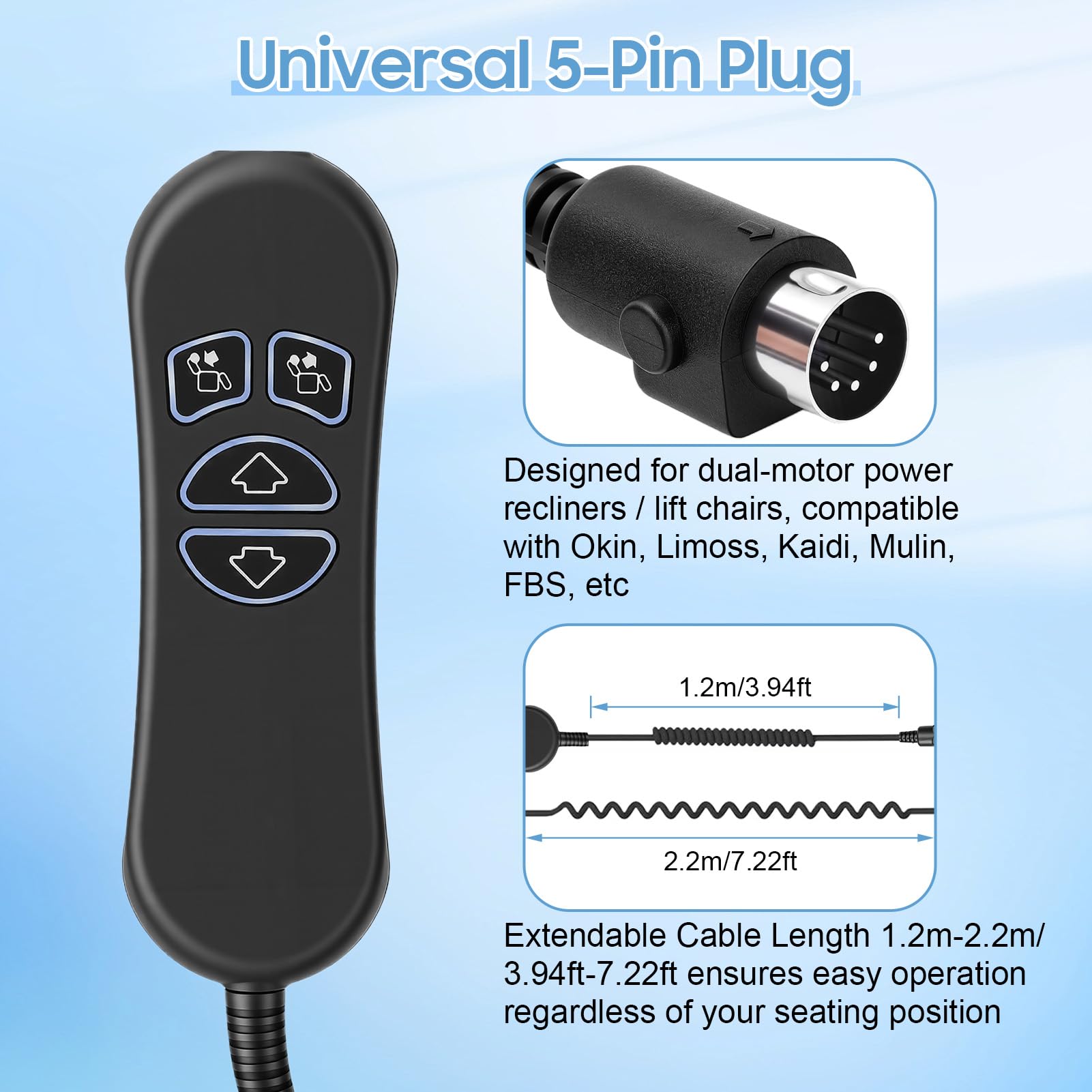 Telecomando per Poltrona Reclinabile a 4 Pulsanti e 5 Pin, Controllo manuale Telecomando Cablato con Porta di Ricarica USB e Sostitutivo Retroilluminato, per Elevabile e massaggiante Poltrona