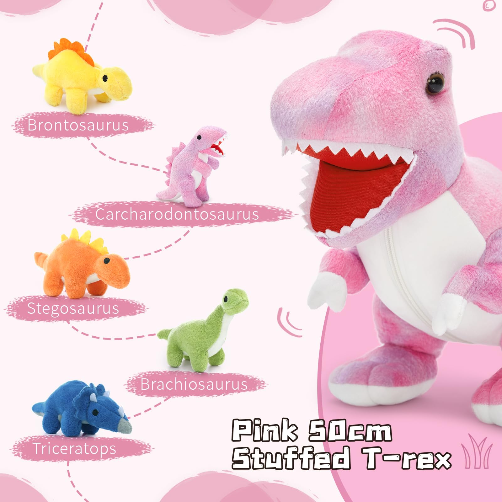 MorisMos Big Dinosaur Teddy Stuffed Animal, 50cm Pink Cuddly Fluffy Mom with 5 Babies Inside, Large T-Rex Soft Toys Kawaii Dino Present for Kids Birthday Christmas Deco — view 3