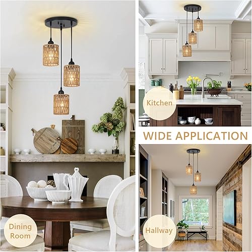 Miniatura 7 de Lámpara colgante de ratán de 3 luces, lámpara colgante de techo para comedor, estilo bohemio, con pantallas de mimbre tejidas a mano para cocina,