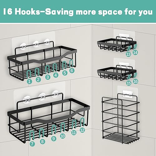 Miniatura 4 de Paquete de 5 organizadores de ducha, organizador de ducha negro para colgar con ventosa adhesiva sobre la puerta, organizador de ducha portátil para