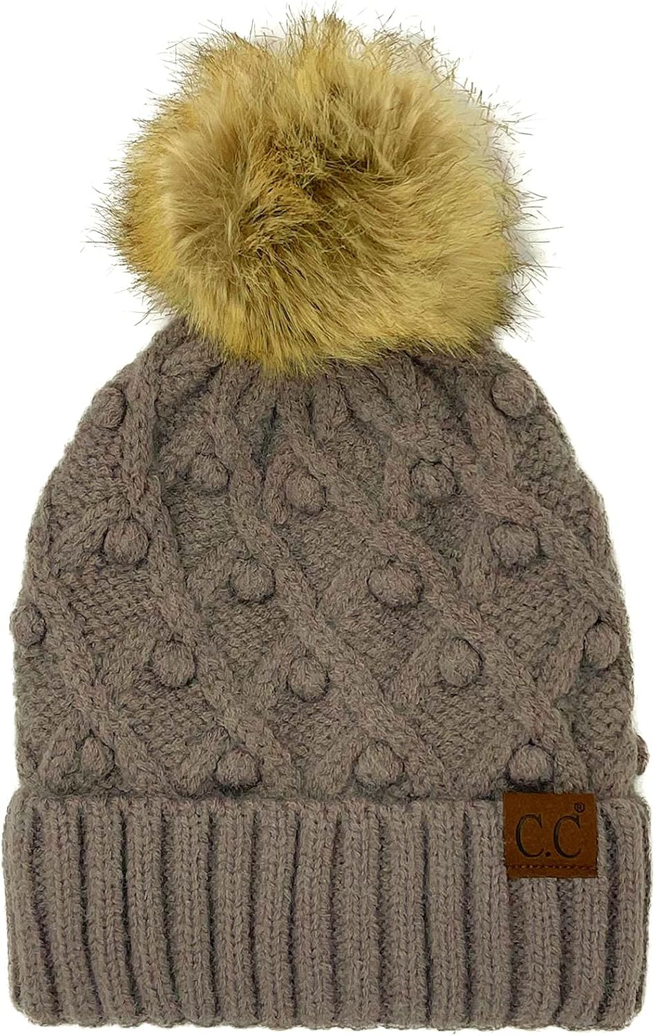 C.C Winter Sherpa Fleeced Lined Chunky Knit Stretch Pom Pom Beanie Hat Cap (Handmade Bobble City Gray)