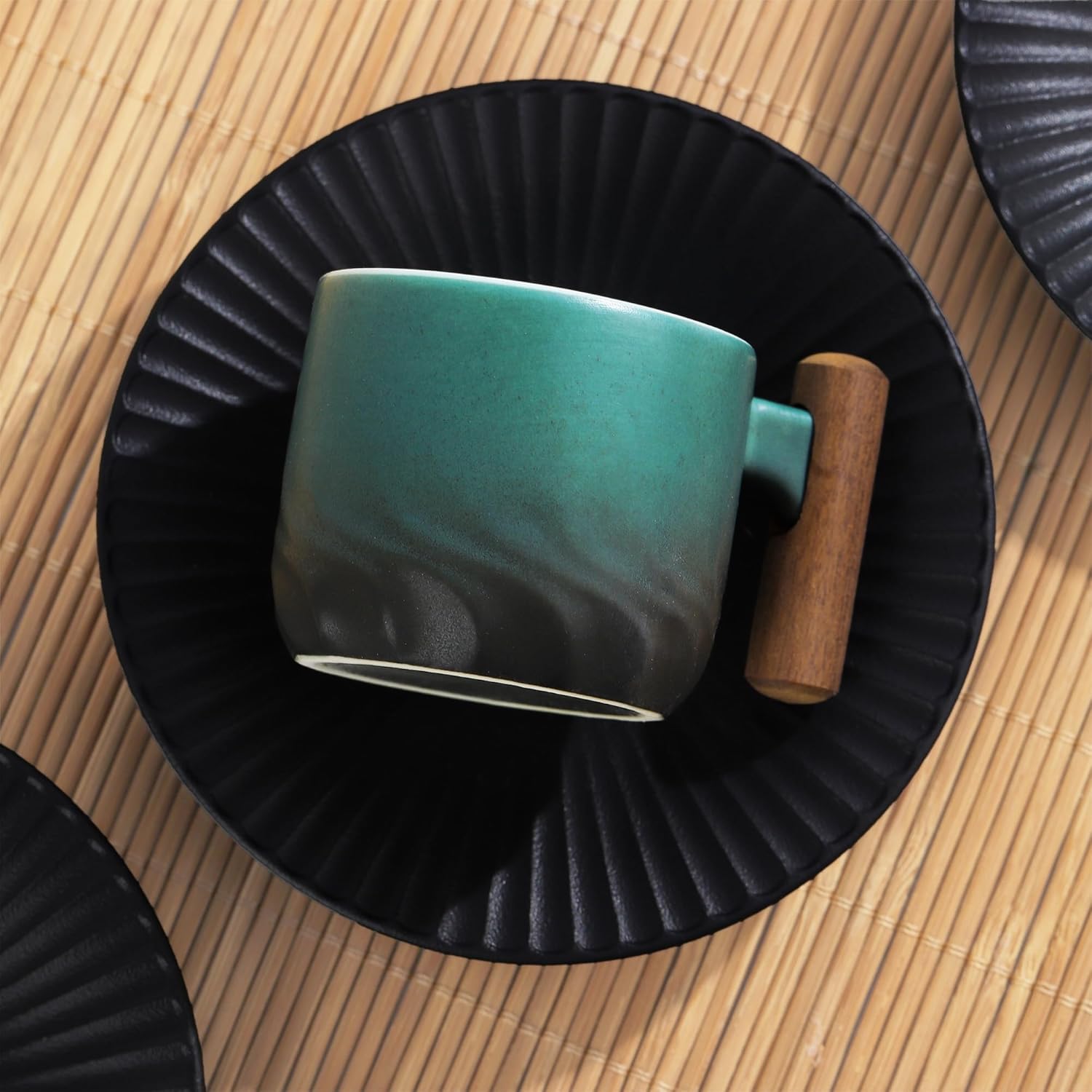 fanquare Handheld Small Ceramic Cups and Saucers 8Pcs Tea Cup Set, Blue Milk Coffee Cup with Wood Handle for Adults, Mini Porcelain Mugs for Sip and Taste, 2.5OZ