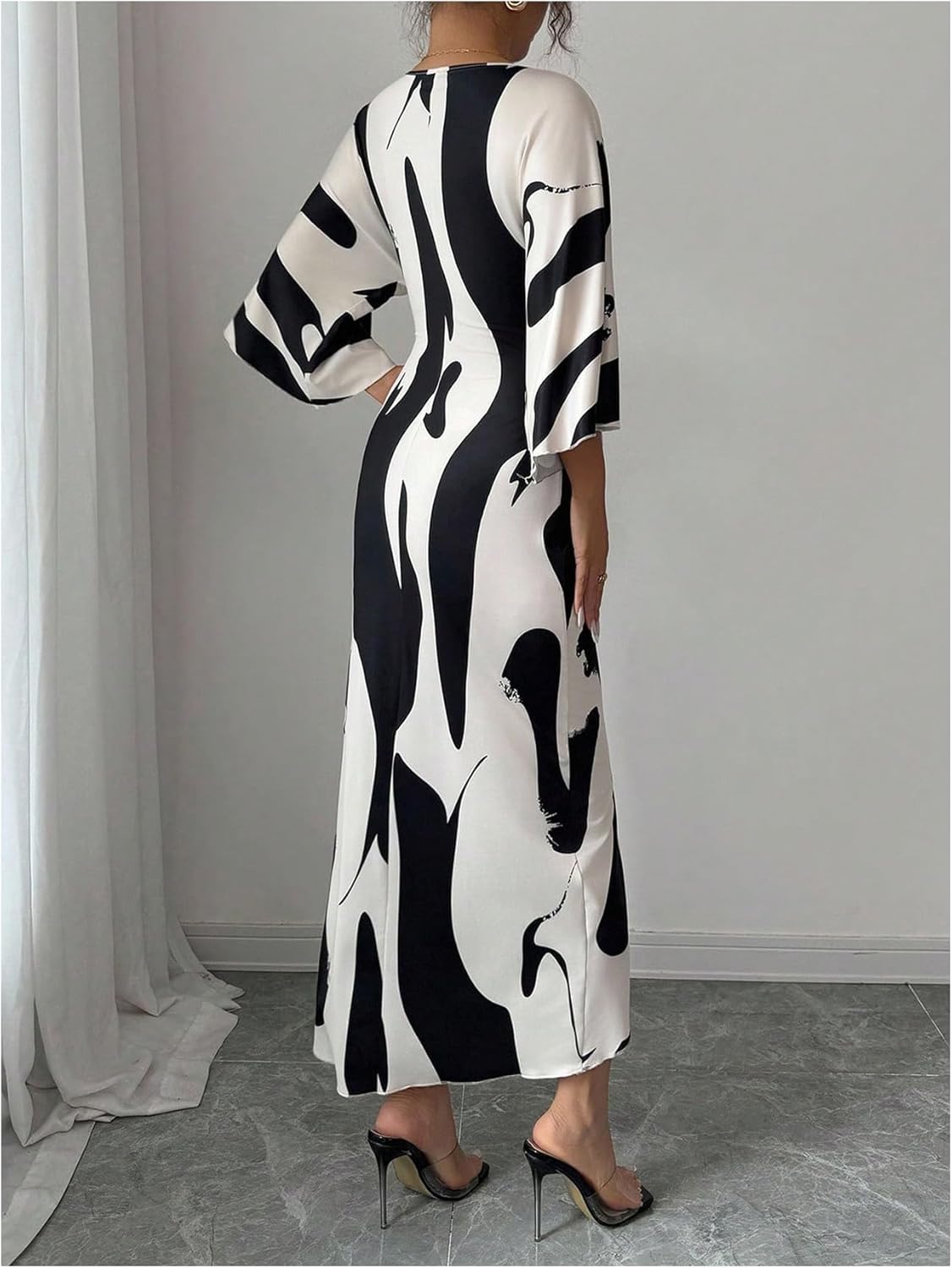 SweatyRocks Women's Twist Front V Neck Cow Print Long Dress Elegant 3/4 Ruffle Sleeve Cocktail Dresses - Image 2