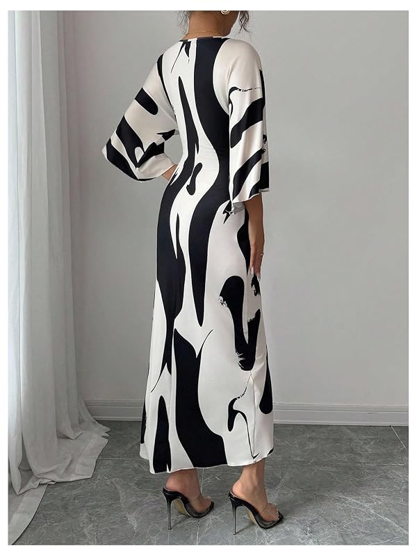 SweatyRocks Women's Twist Front V Neck Cow Print Long Dress Elegant 3/4 Ruffle Sleeve Cocktail Dresses Black and White Large by SweatyRocks - Used condition - Image 2