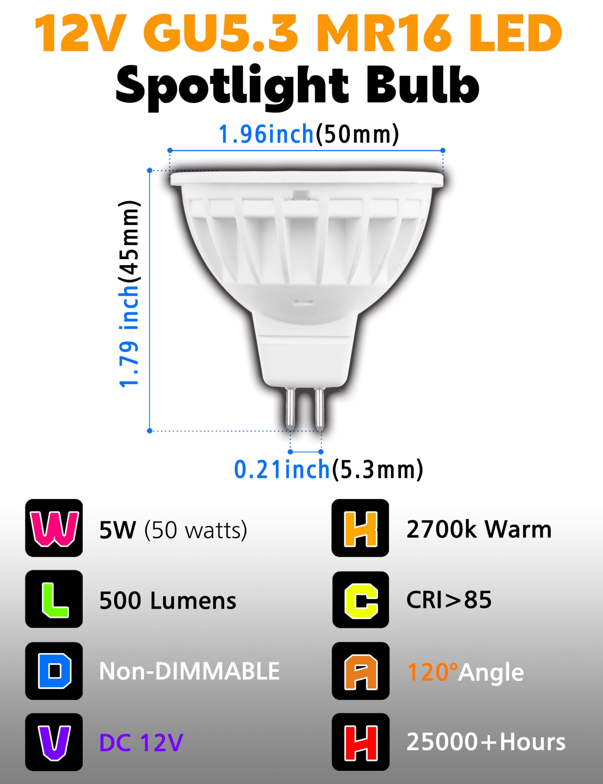 MR16 - Bombillas LED no regulables equivalentes a halógeno de 50 W, 2700 K, blanco cálido, 12 V GU5.3, ángulo de haz de inundación de 120 grados para iluminación empotrada de techo, 500 lm, paquete de