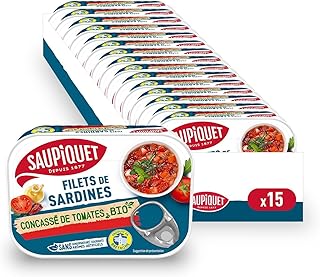 SAUPIQUET - Filets de Sardines au Concassé de Tomates Bio - Sans Arêtes - Sans conservateurs, colorants ni arômes artificiels - Issus d'une Pêche Traçabilité Garantie - 15 Conserves (100 g)