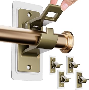ANDGOO 4 Pack Adhesive Curtain Rod Holders No Drilling, Renter Friendly Curtain Rod Brackets, Heavy Duty Curtain Rod Hooks Hanger for Apartment Bedroom Bathroom Dorm Classroom KitchenRustic Brown