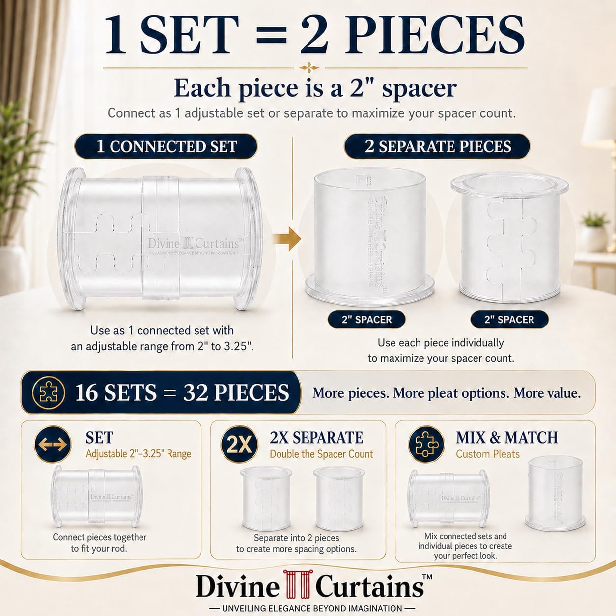 32-Piece Adjustable Curtain Spacers, Tool-Free, Fits 1.75-Inch Rods, 16 Sets
