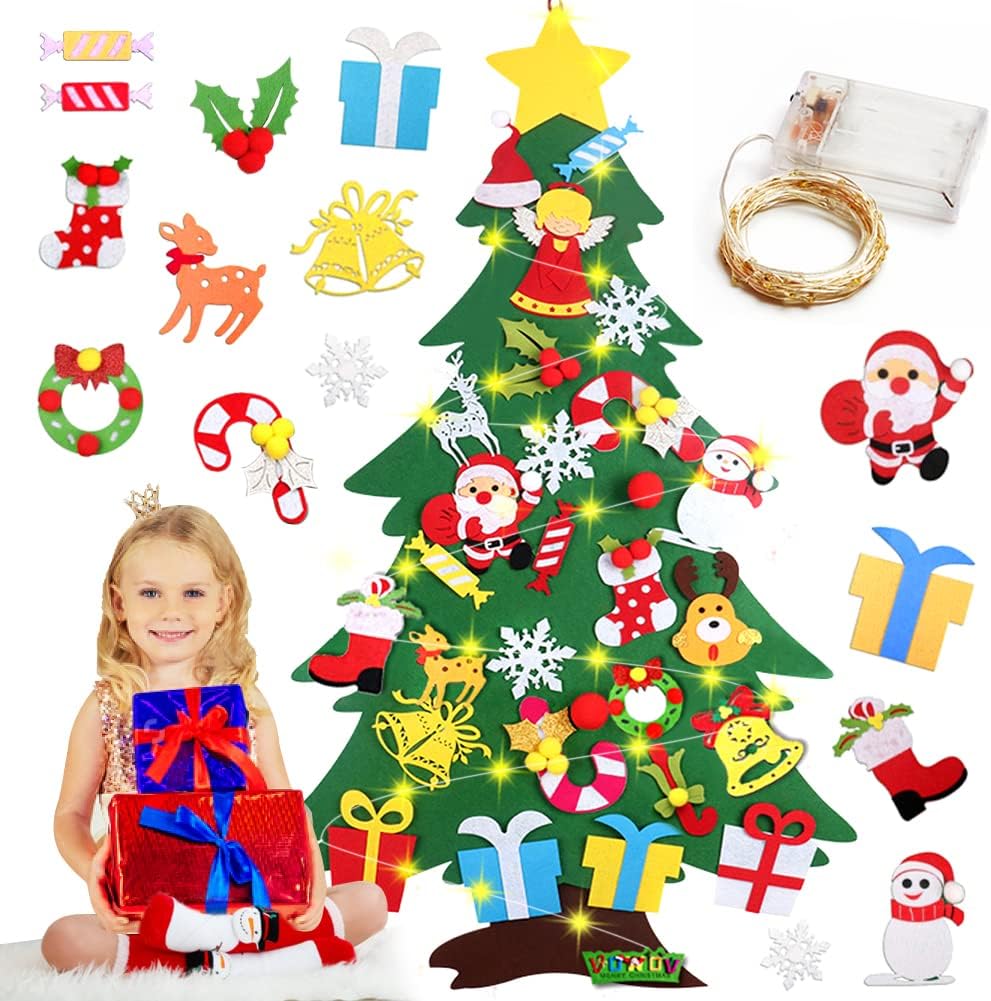 Felt Christmas Tree Decorations Set with Ornaments - Double Stitched- Wall Hanging-Handmade 30pcs Detachable Christmas Ornaments and 50 LEDs String Lights, 3.3 FT
