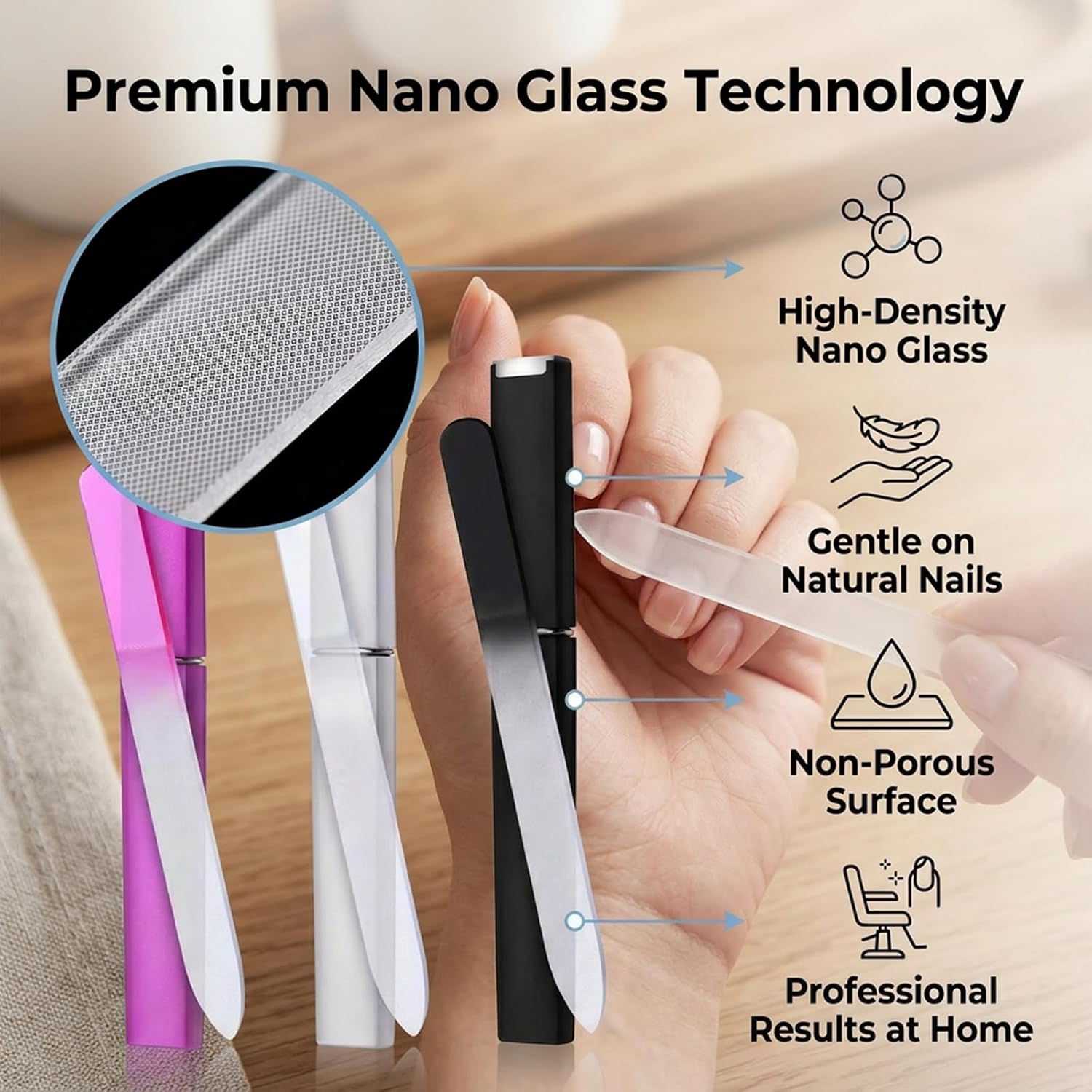 6 Pcs Glass Nail File Polisher Set for Natural Nails, Crystal Glass Fingernail Files and Nano Glass Nail Shiner Double Sided Etched Nail Buffer