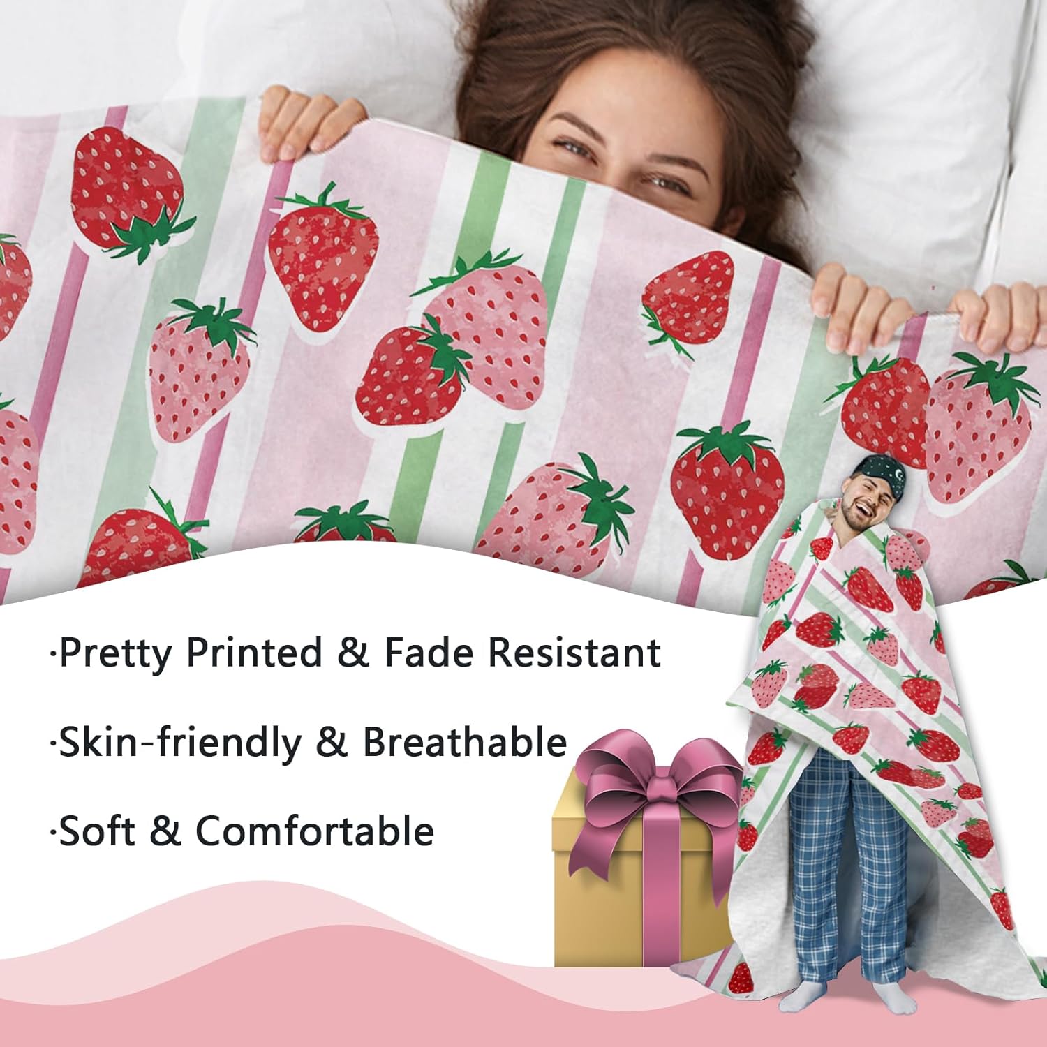 Pink Strawberry Flannel Throw Blanket, Fruit Red Green Stripes Birthday Gifts for Kids Girls Women Adults Teen, Spring Summer Soft Blankets for Bedding Sofa 50" x 60" - Image 3