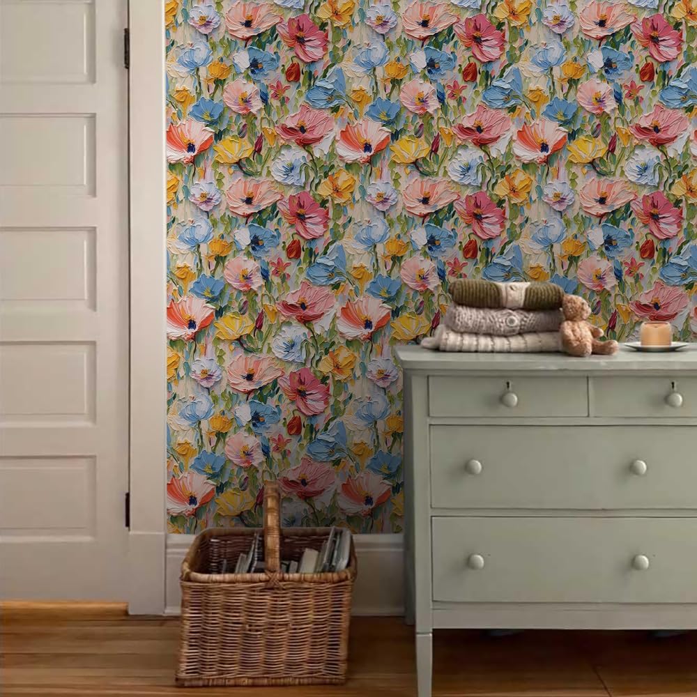 18"x236" Boho Colorful Spring Wildflower Oil Painting Peel and Stick Self Adhesive Wallpaper Removable Contact Paper Stick on Easy Peel Off Wall Paper for Kitchen Bedroom Bathroom Renter