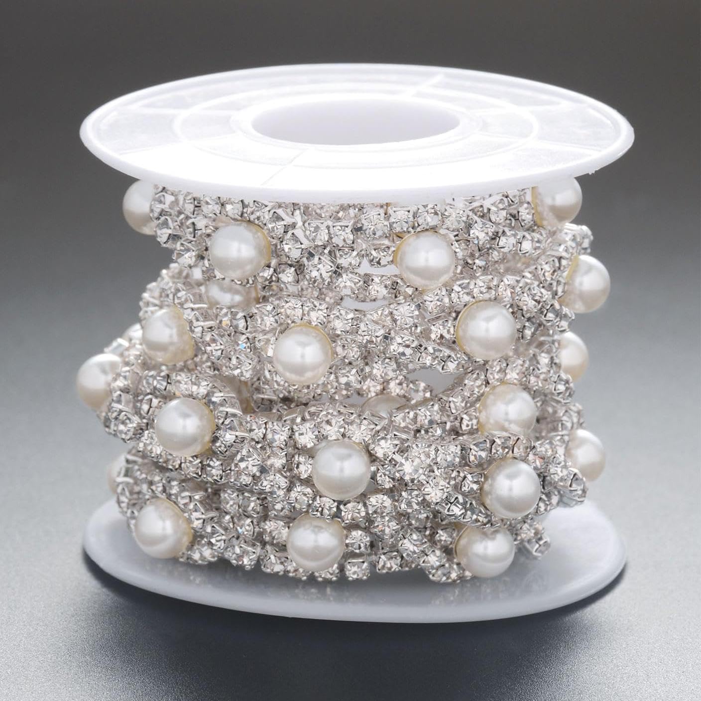 Jerler 2 Yards Pearl Rhinestone Trim, Inlaid Pearl Beaded Chain, Crystal Applique Ideal for DIY and Wedding Party Decoration Bridal Embellishments, 0.8" Width (Eye Pearl, 2 Yards)