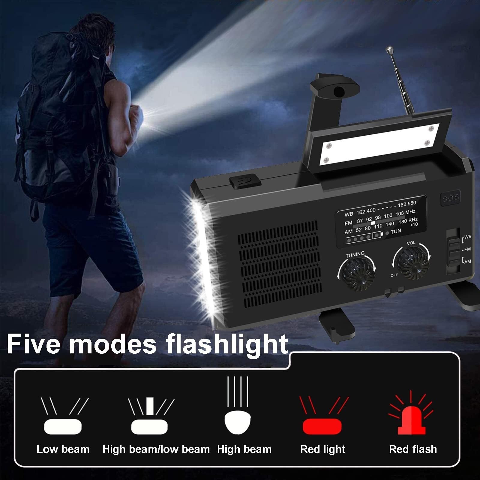 Radio awaryjne z baterią 4000 mAh, radio z korbką do przetrwania z latarką, ładowarką do telefonu komórkowego, alarmem SOS do przetrwania, oświetleniem do aktywności na świeżym powietrzu(Gre