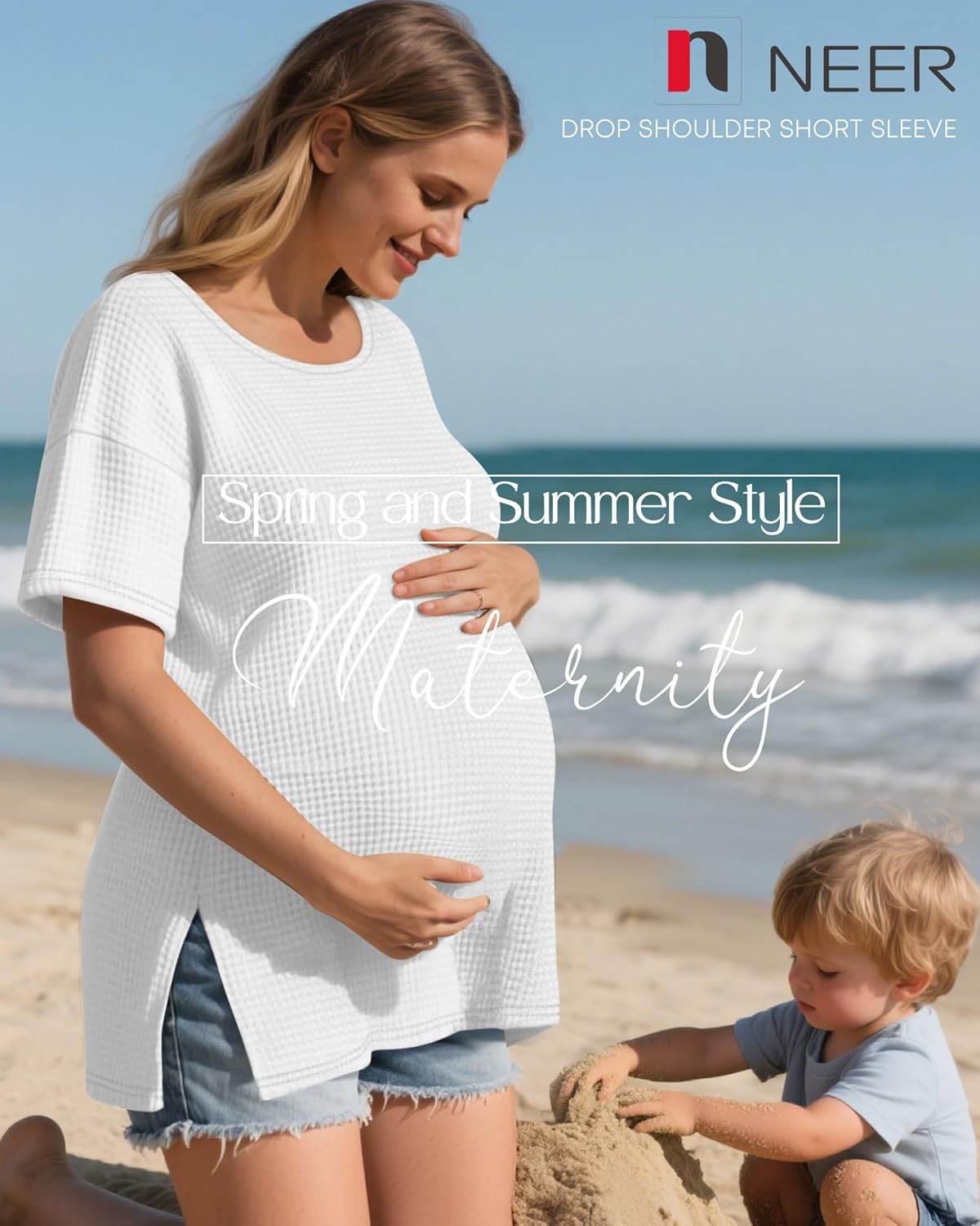 Neer 3 Pack Women's Waffle Maternity Shirts, Drop Shoulder Short Sleeve Split Side Pregnancy Tops Crewneck Loose Basic Tee - Image 3