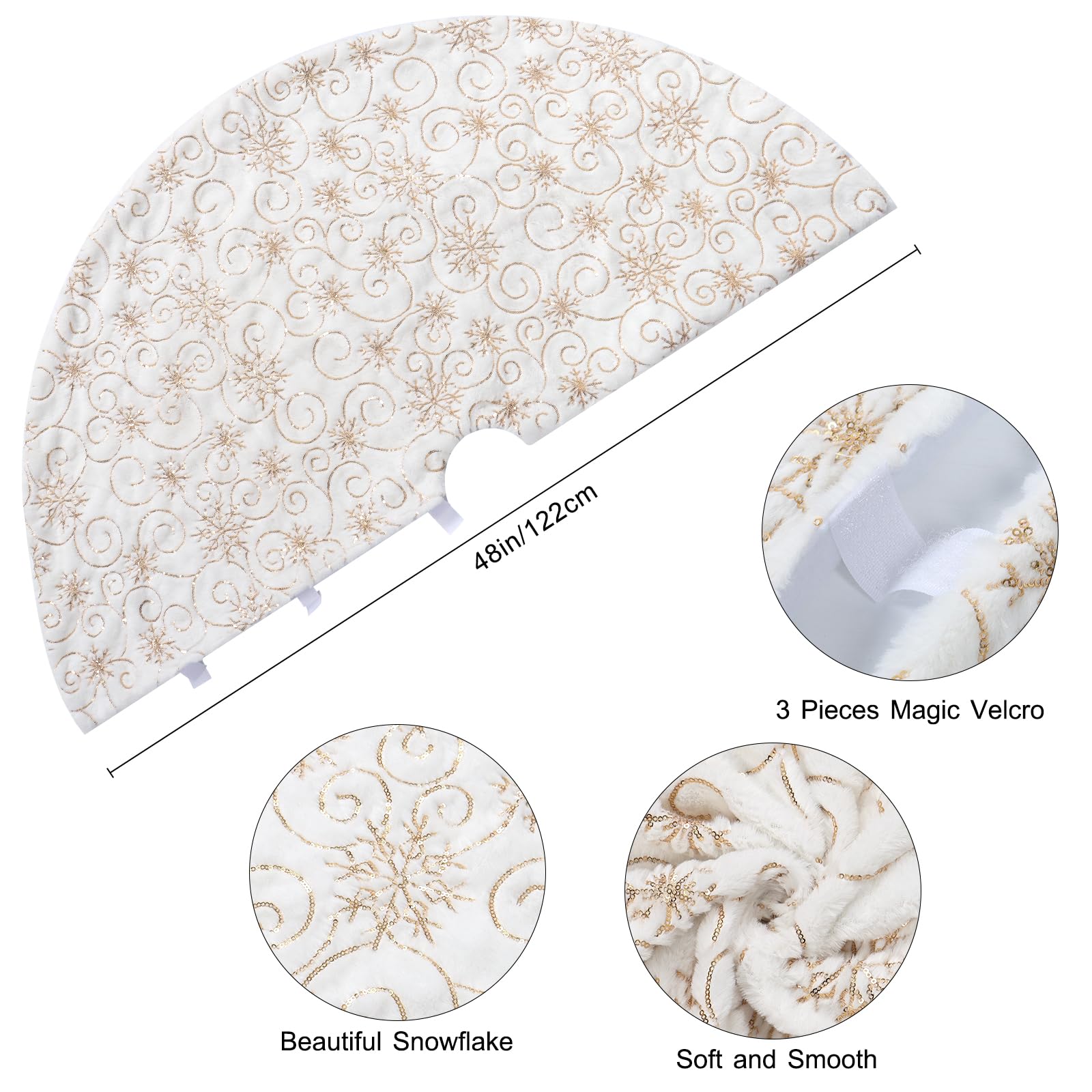 Dremisland Jupe de sapin de Noël en fausse fourrure avec flocons de neige à paillettes brodés pour Noël, Nouvel An, vacances, décoration d'intérieur (122 cm, doré)