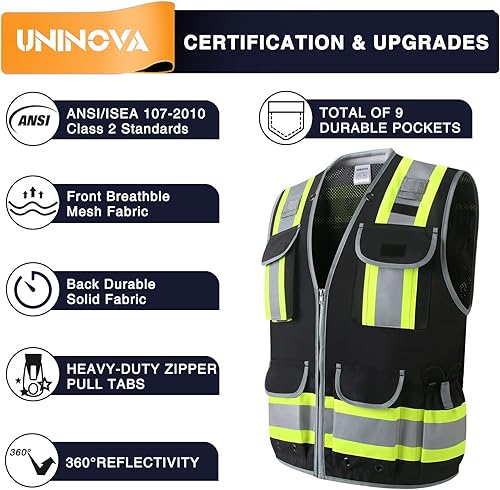 Miniatura 6 de UNINOVA Chaleco de seguridad reflectante para hombre, clase 2 malla chalecos de seguridad reflectantes, Sv55 Negro (servicio pesado)