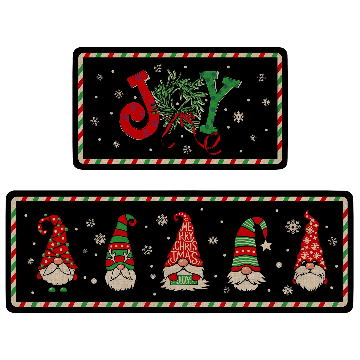 Eikunn Christmas Kitchen Rugs Sets of 2,Black Gnomes Xmas Joy Kitchen Mat for Floor, Xmas Winter Holiday Non-Slip Washable Kitchen Sink Mats Kitchen Decor Doormat(17x30In)+Runner Rug(17x47In)