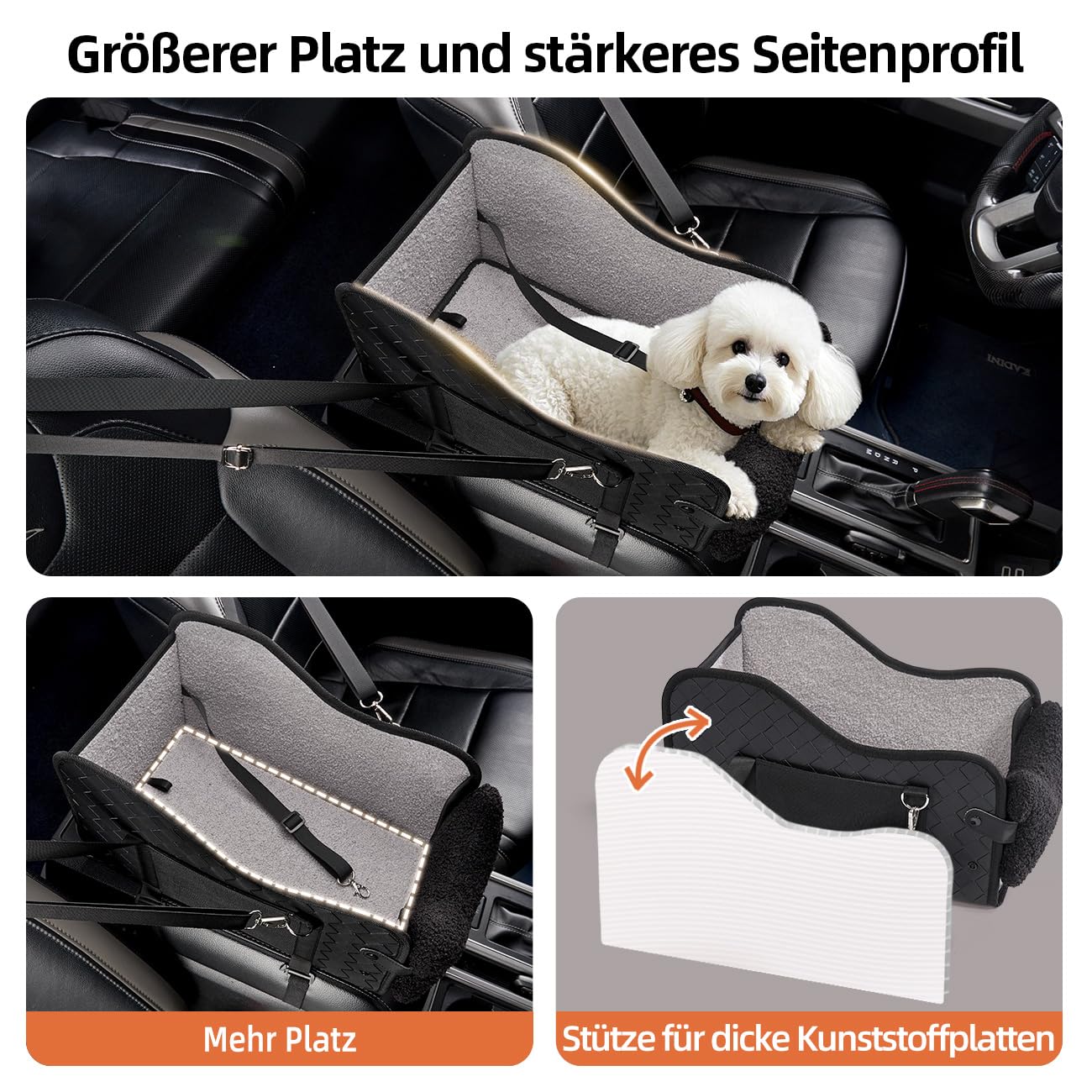 GGW Mittelkonsole Hundesitz für kleine Katzen, wasserdicht, Leder-Schwarz | Doppelte Befestigung, Seitentaschen & Schnellmontage. Passt zu 99% der Mittelarmlehnen.
