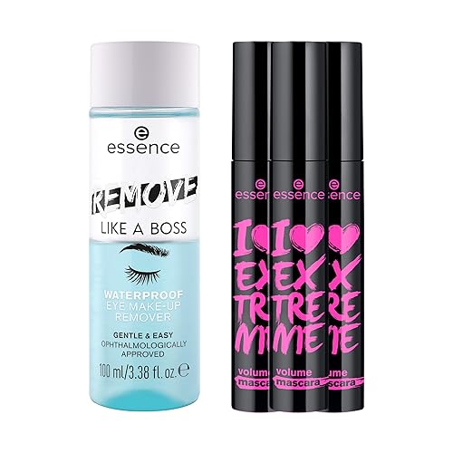 essence I Love Extreme Volume - Paquete de 3 unidades y removedor de maquillaje de ojos a prueba de agua, paquete de 3 unidades  Vegano y libre de