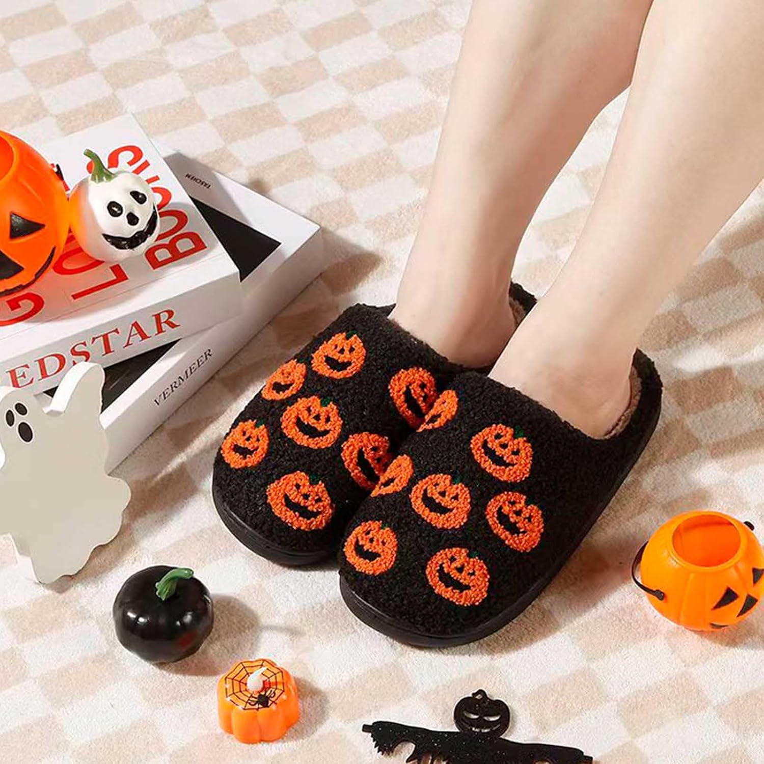Halloween Slippers Pumpkin Slippers for Womens Mens Cute Comfy Bedroom Shoes,Home House Ladies Fuzzy Slipper,indoor Outdoor Memory Foam Slipper
