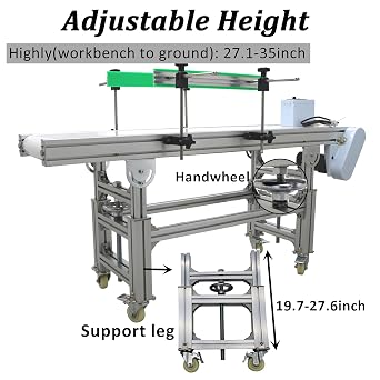 TECHTONGDA PVC Belt Flat Conveyor Belt 59In Length 11.8In Width 27.1-35Inch Height Aluminum Frame Adjustable Guardrails & Speed 13-65ft/min Load 66-88LB for Carton Plastic Bottle Box 110V/120w
