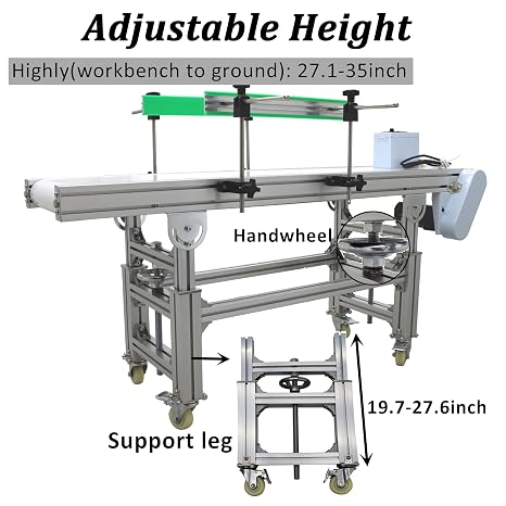 TECHTONGDA PVC Belt Flat Conveyor Belt 59In Length 11.8In Width 27.1-35Inch Height Aluminum Frame Adjustable Guardrails & Speed 13-65ft/min Load 66-88LB for Carton Plastic Bottle Box 110V/120w