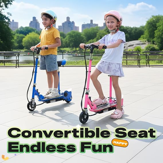 Electric Scooter with Seat, Adjustable Height for Kids Ages 8-12, up to 10mph & 155lbs Max Load, Removable Seat 2 Riding Styles Pink