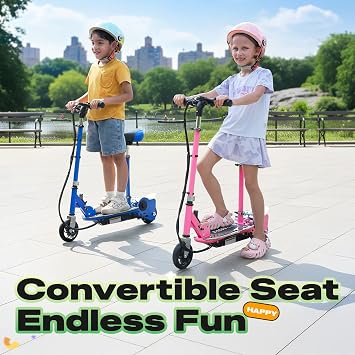 Electric Scooter with Seat, Adjustable Height for Kids Ages 8-12, up to 10mph & 155lbs Max Load, Removable Seat 2 Riding Styles Pink