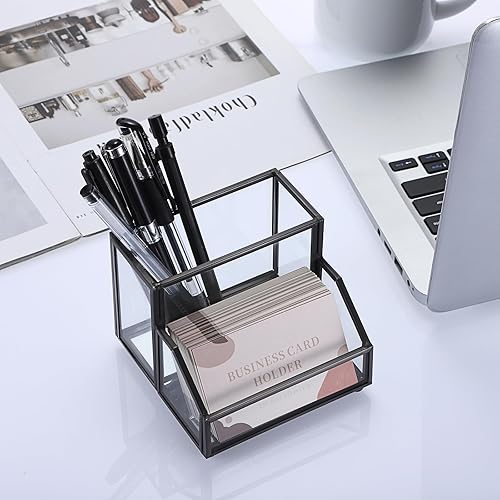 Miniatura 3 de Hipiwe Soporte de cristal para tarjetas de presentación, soporte de metal para lápices, soporte de almacenamiento para escritorio, transparente,