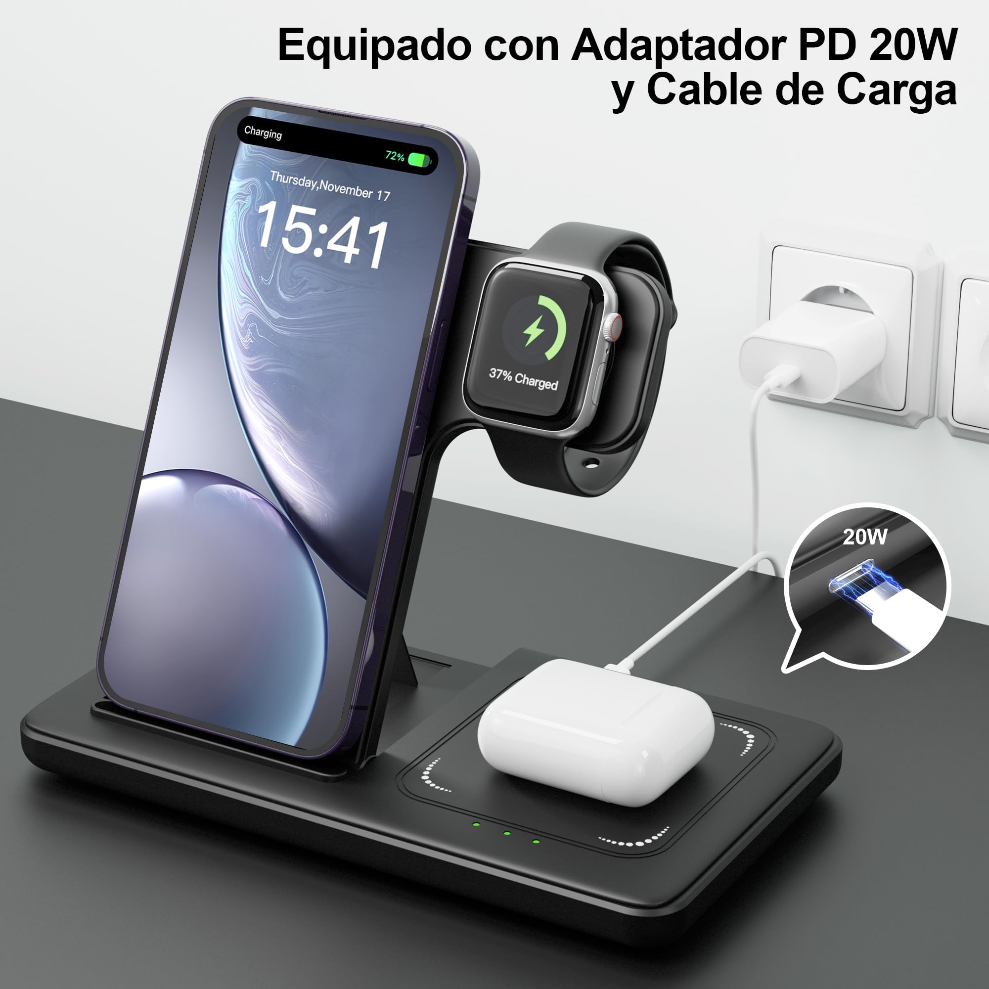 Cargador Inalámbrico 3 en 1, Wireless Charger, Cargador Inalambrico 15W Replacement for iPhone 16/15/14/13/12/Pro/Max/Plus, 3W for Watch Ultra 10/9/8/7/6/5/4/3, 5W for Earbuds 4/3/2/1 Pro LUOATIP