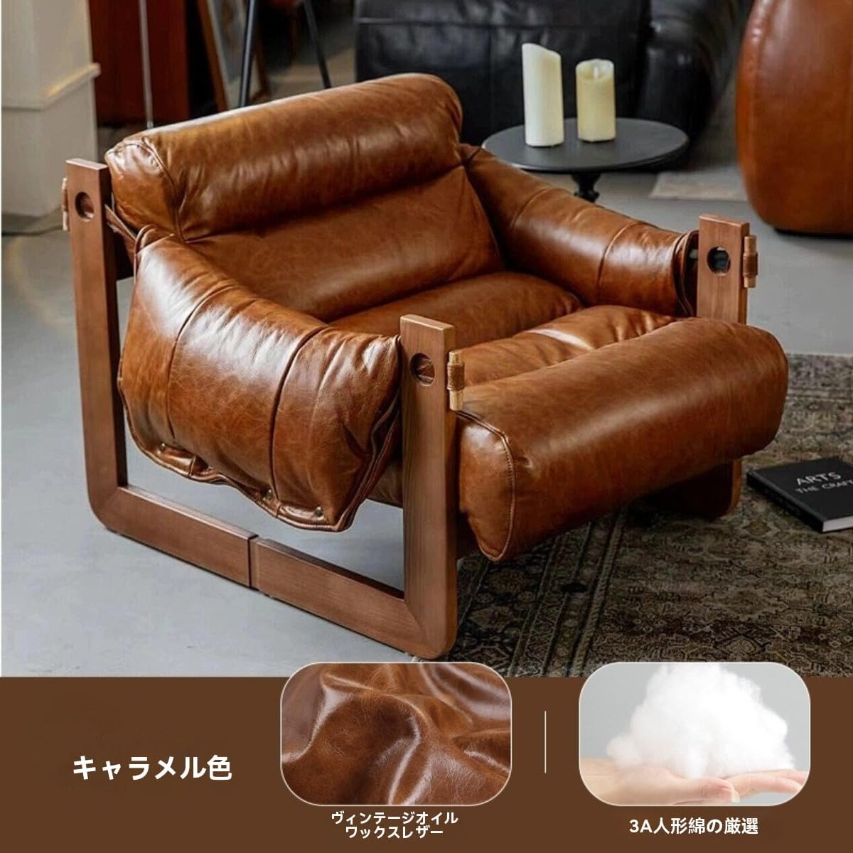 シングルソファーチェア、リビングルームの革張りソファー、カジュアルなビーンバッグチェア、無垢材のレトロスタイル、シンプル。 (64*