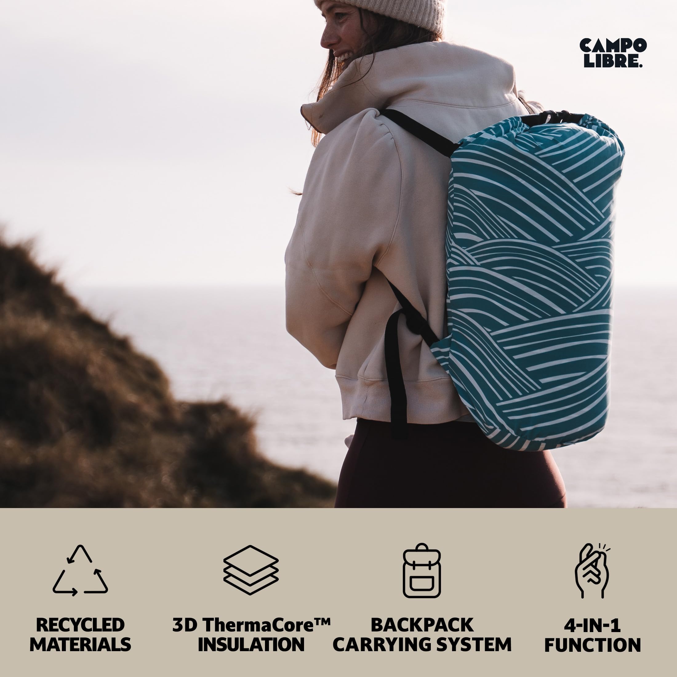 Campo Libre.® WANDA I wielofunkcyjny koc kempingowy 4 w 1 – koc, śpiwór, poduszka, ponczo, koc termiczny do użytku na zewnątrz, ultralekki koc podróżny, miękki polar Sherpa, 100% materiały pochodzące