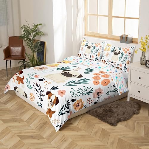 Vista 63 de Feelyou Funda de edredón de perro de dibujos animados, juego de ropa de cama para niños y niñas, perros y flores, funda de edredón con plantas Multi