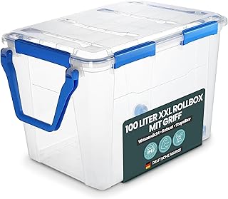 Kreher® Aufbewahrungsbox mit Deckel (100 Liter) – Wasserdichte Box stapelbar, Luftdichte Box BPA- & schadstofffrei, robuste Lagerboxen mit Silikondichtung, Kunstoffbox mit 6 Clips (1)
