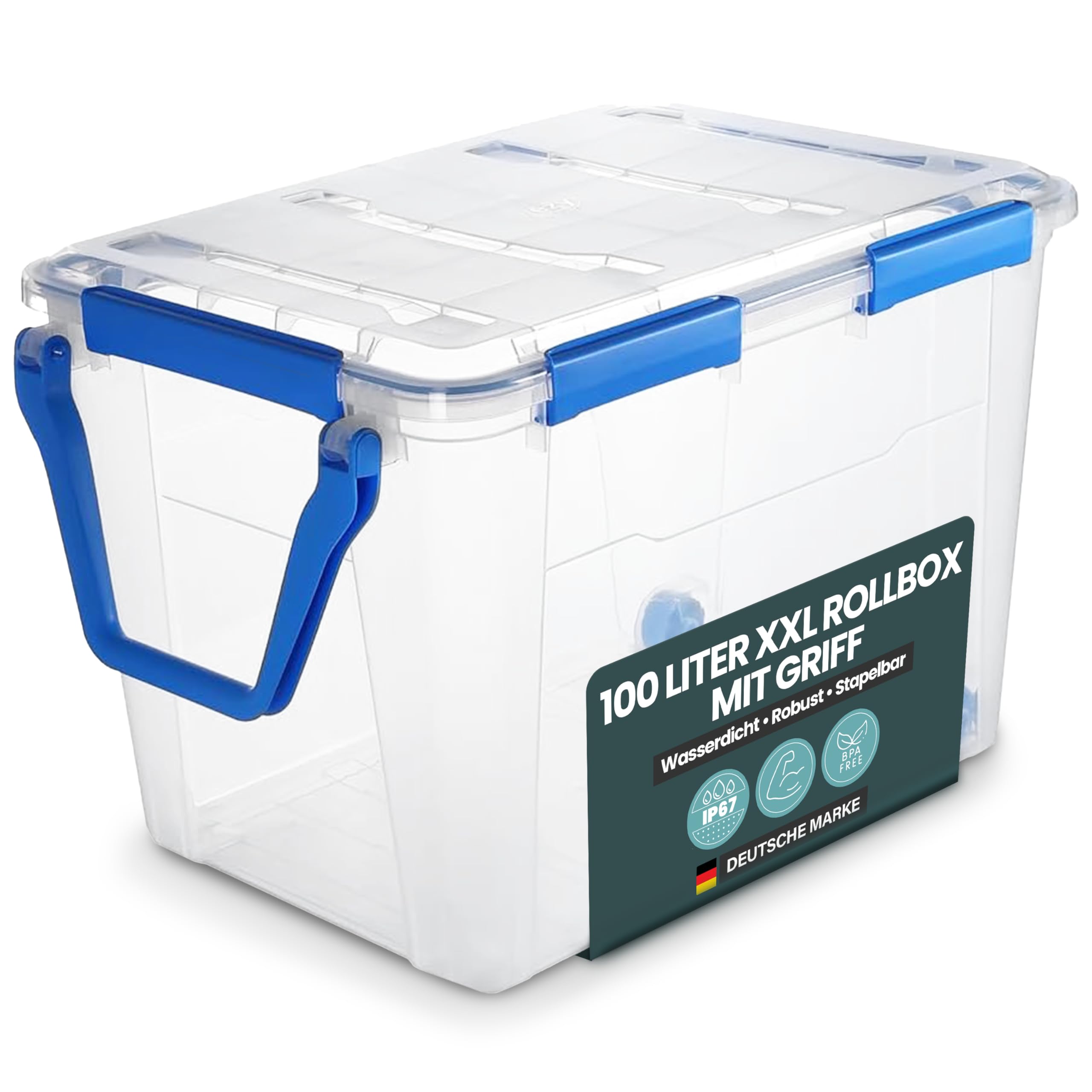 Kreher® Wasserdichte Aufbewahrungsbox Rollbox Transportbox (IP67) mit Deckel und Rollen. Aus robustem Kunststoff mit praktischen Transportgriff. 100 Liter Volumen. Staub- und Nässegschützt. (1)