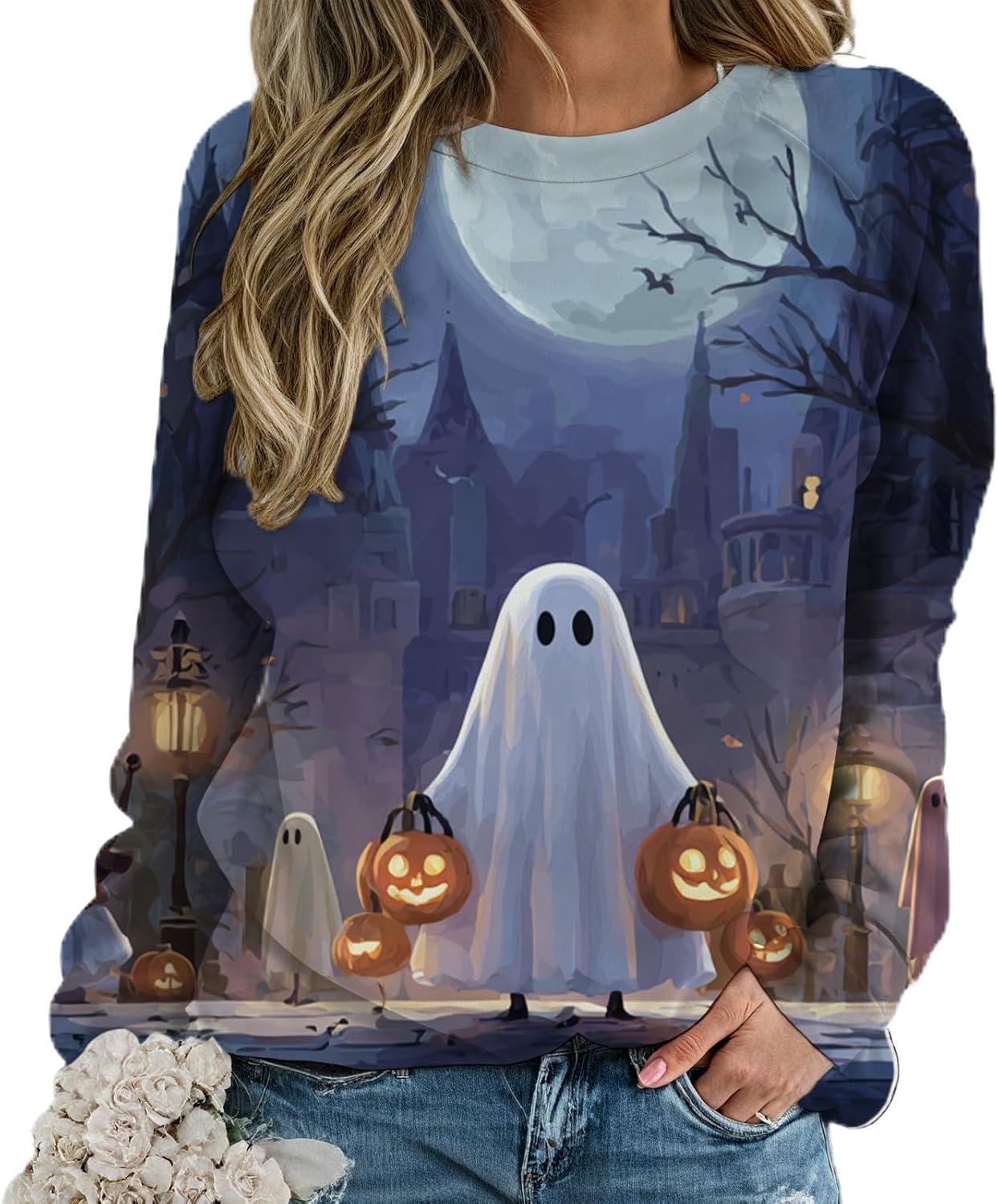 Novelty Halloween Shirts for Women Trendy Graphic Print Long Sleeve Crewneck Fall Tops Loose Casual Pullover