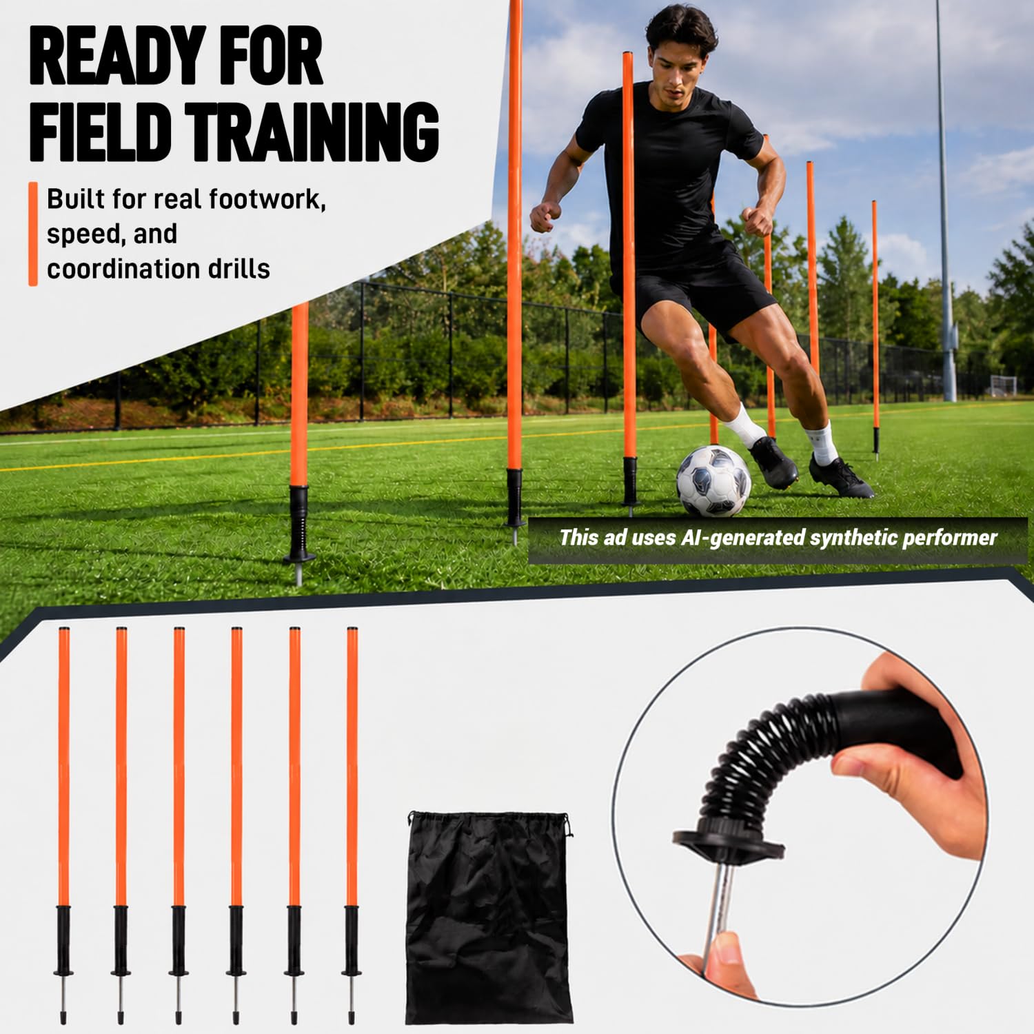Bastoncini da allenamento per calcio, basket, calcio, cani, cavalli, 1,5 m, regolabili, per allenamento di velocità e agilità, con chiodi a molla e custodia (arancione)