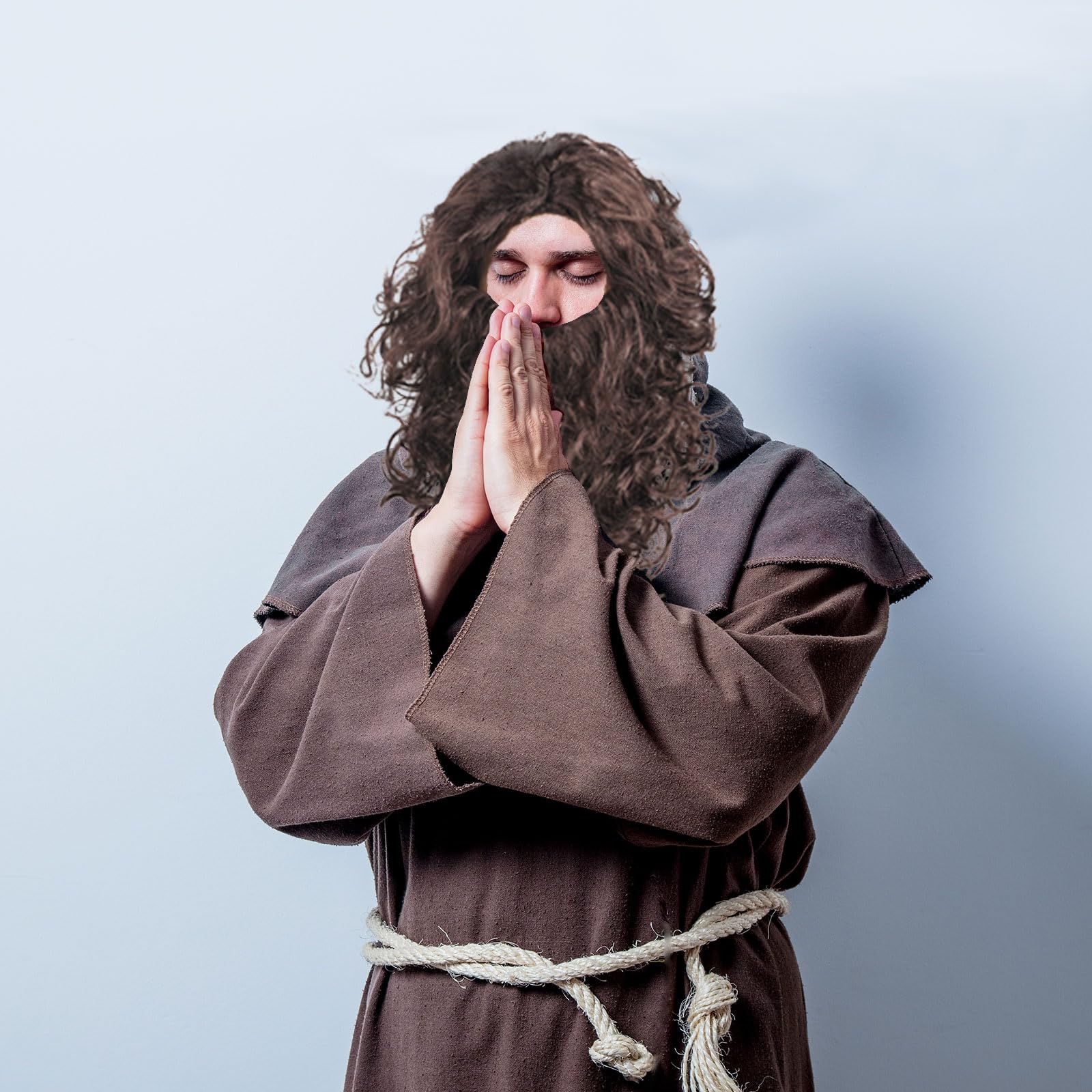 Jesus Perücke & Bart Set Für Herren – Dunkelbraune Lockenperücke Mit Zauberer-Bart, Perfekt Für Cosplay Und Halloween