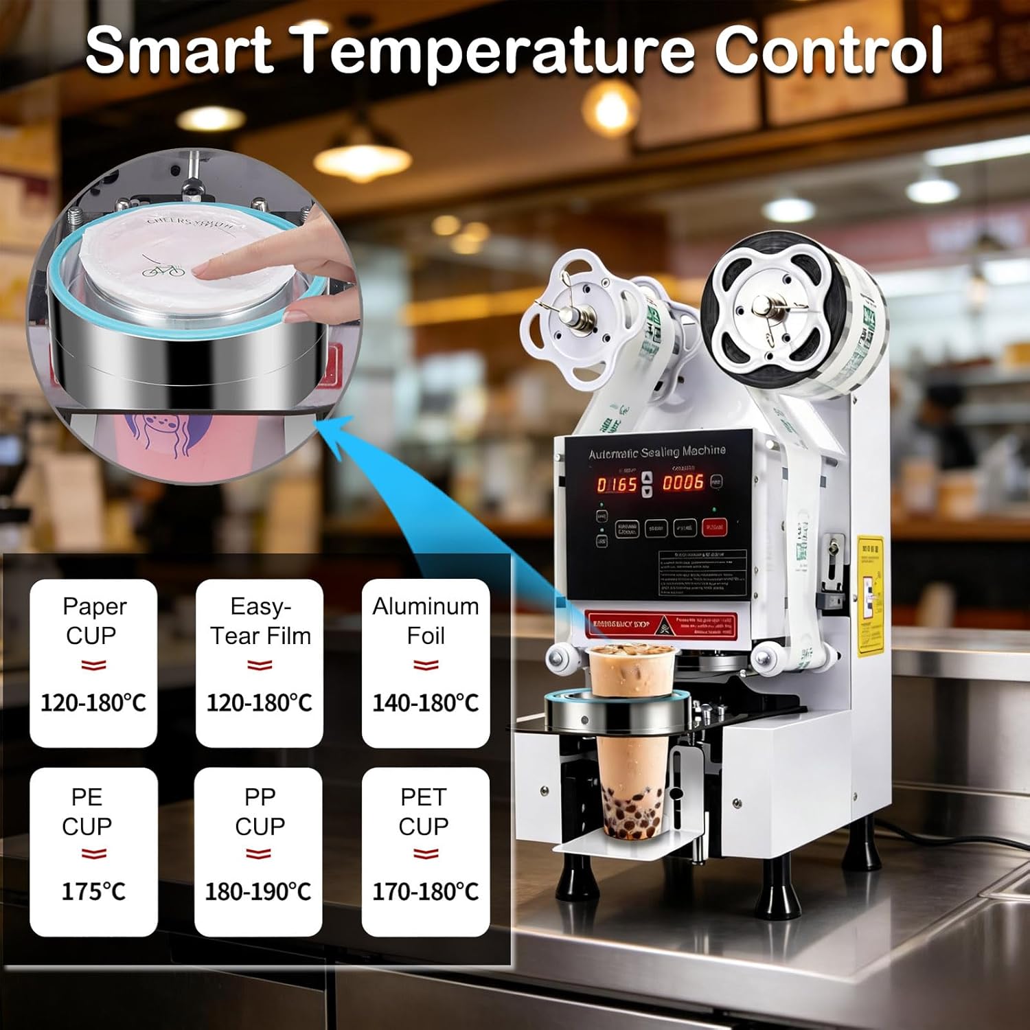 Cup Sealing Machine, Full Automatic Cup Sealer Machine 90/95mm Electric boba Cup Sealing Machine 500-650 Cups/H Digital Control LCD Panel Suitable for Bubble tea, Coffee, Drinks, Desserts (White)