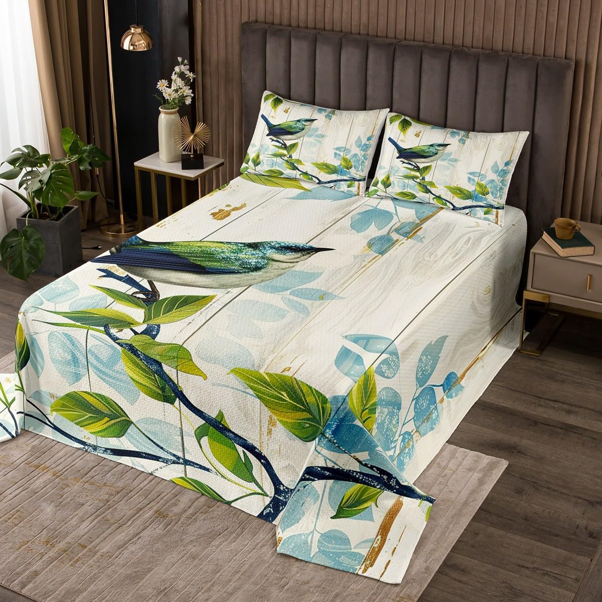 Erosebridal Teal Tropical King Size Bedspread Set,Cartoon Green Cactus Floral Bedding Set,Hawaiian Succulent Plants Coverlet Set,Botanical Flower Striped Bed Set with 2 Pillow Cases