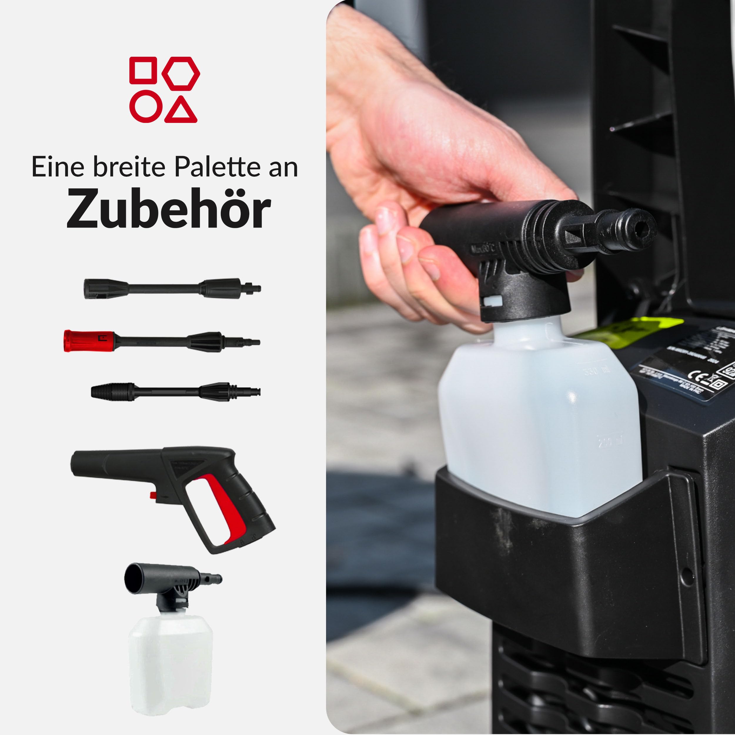 LEHMANN Jukon Hochdruckreiniger mit 9-TLG. Zubehörset, 1600 W, 480 l/h Fördermenge, Selbstansaugfunktion, 230 EwBar Maximaldruck, 10 m Arbeitsradius, Flächenreiniger für Terrasse & Autowäsche