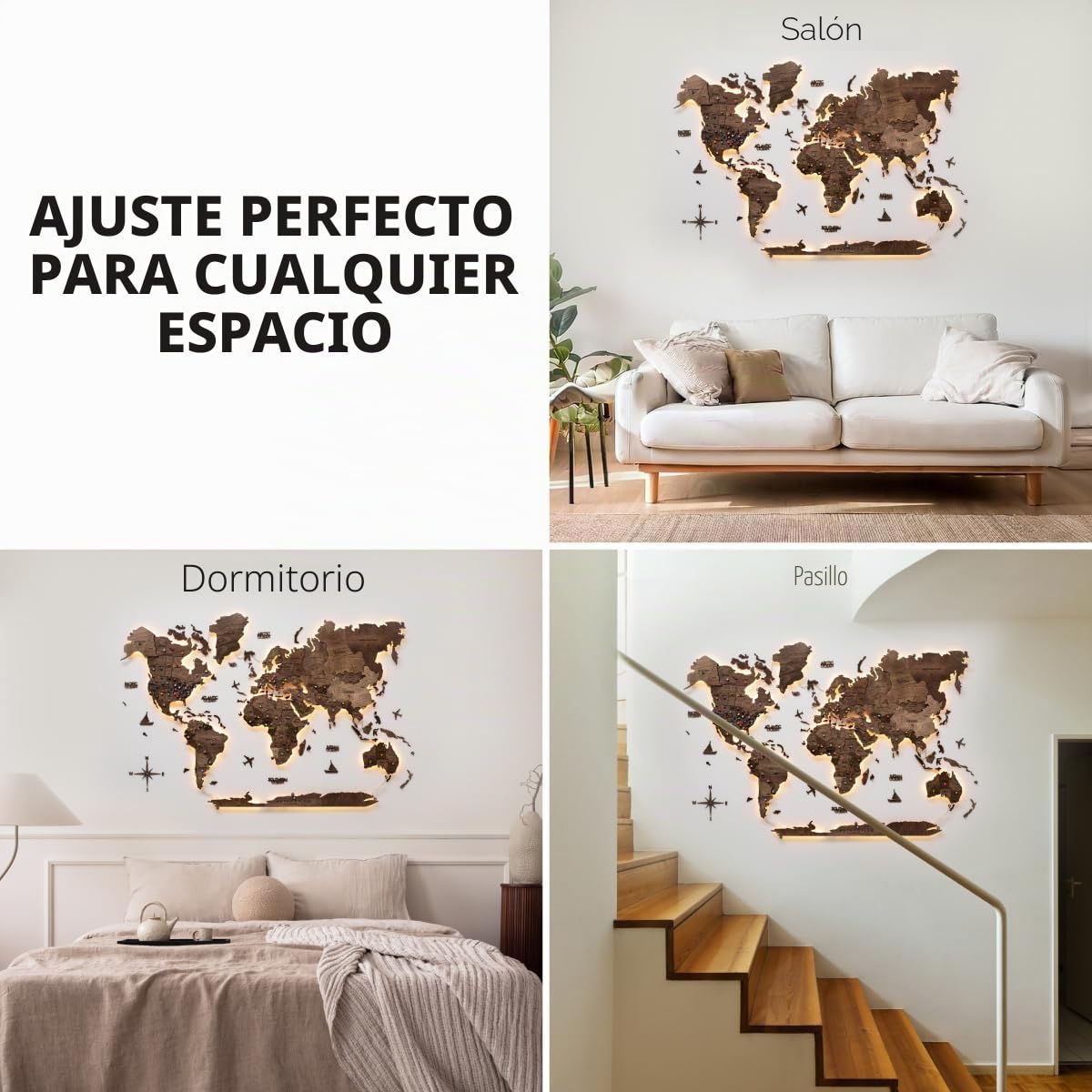 Enjoy The Wood Mapa del mundo de madera 3D LED arte de pared moderno para decoración del hogar, regalos de iluminación LED, decoración de pared, regalo de inauguración de la casa (Dark Walnut)